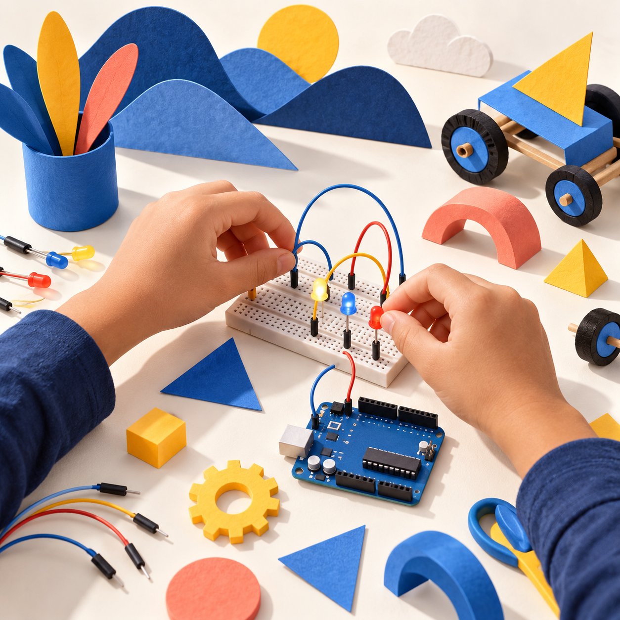 Illustrated hands exploring circuits, creative making and experiments